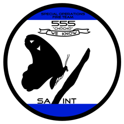 The Special Operations Team Logo; a butterfly bearing the all-seeing eye of SAINT as it approaches a branch.