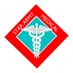 The symbol of SAMA is a Caduceus on a teal diamond inside of a larger red diamond shape. The red diamond shape has thin white borders on its internal and external edges. In the red diamond's visible space is the text "STAR ARMY MEDICAL"
