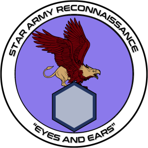 "The Ranger patch features a deep blood red feathered griffin standing atop a hexagonal block, said block frequently replaced with a regimental symbol.  Ringing the emblem, the words 'STAR ARMY RECONNAISSANCE' stands atop the emblem, and the words 'EYES AND EARS' sit at the bottom."