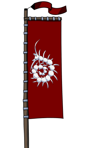 Banner of the Saiga Clan depicting a centipede on a crimson field