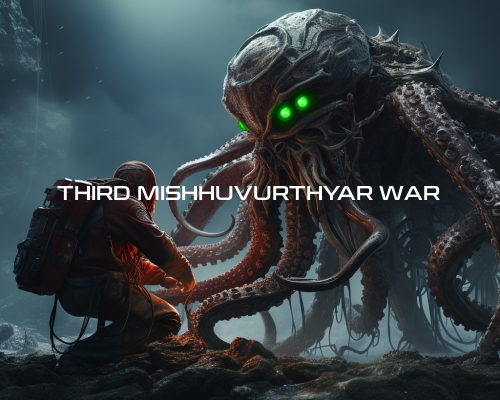 Image of a hulking tentacle alien with glowing eyes standing over a humanoid in a spacesuit