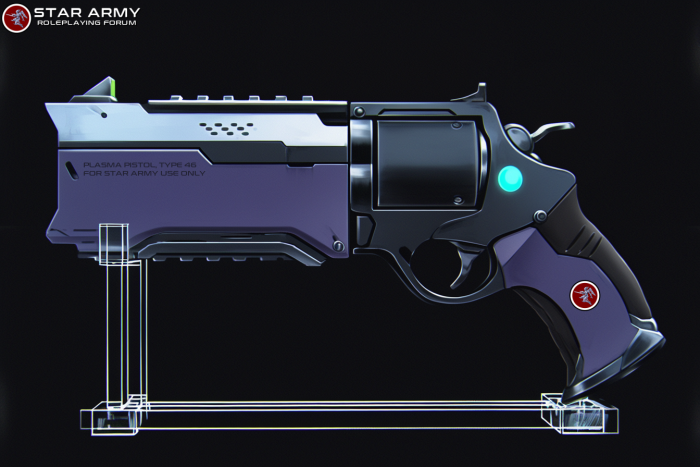 Plasma Revolver, Type 46 mounted on an acrylic display stand